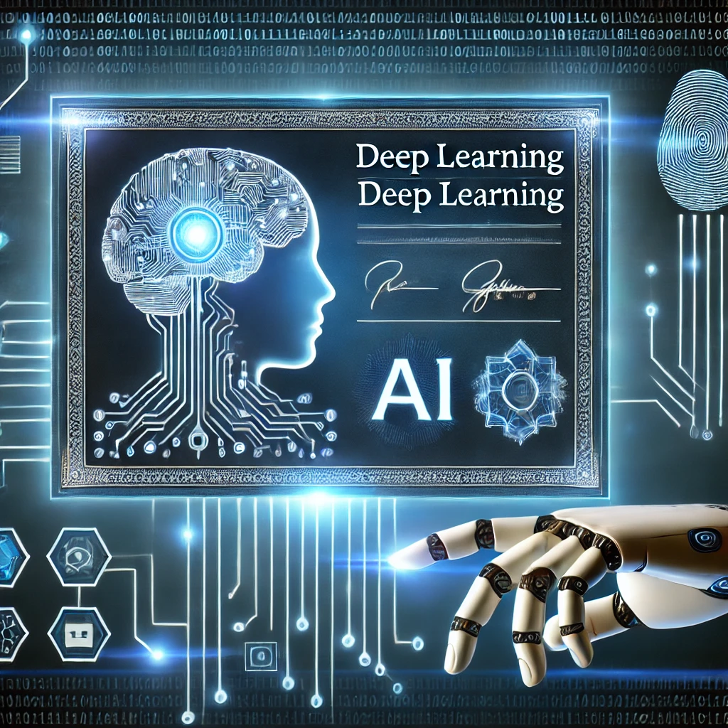 Futuristic digital illustration representing a deep learning certification course.