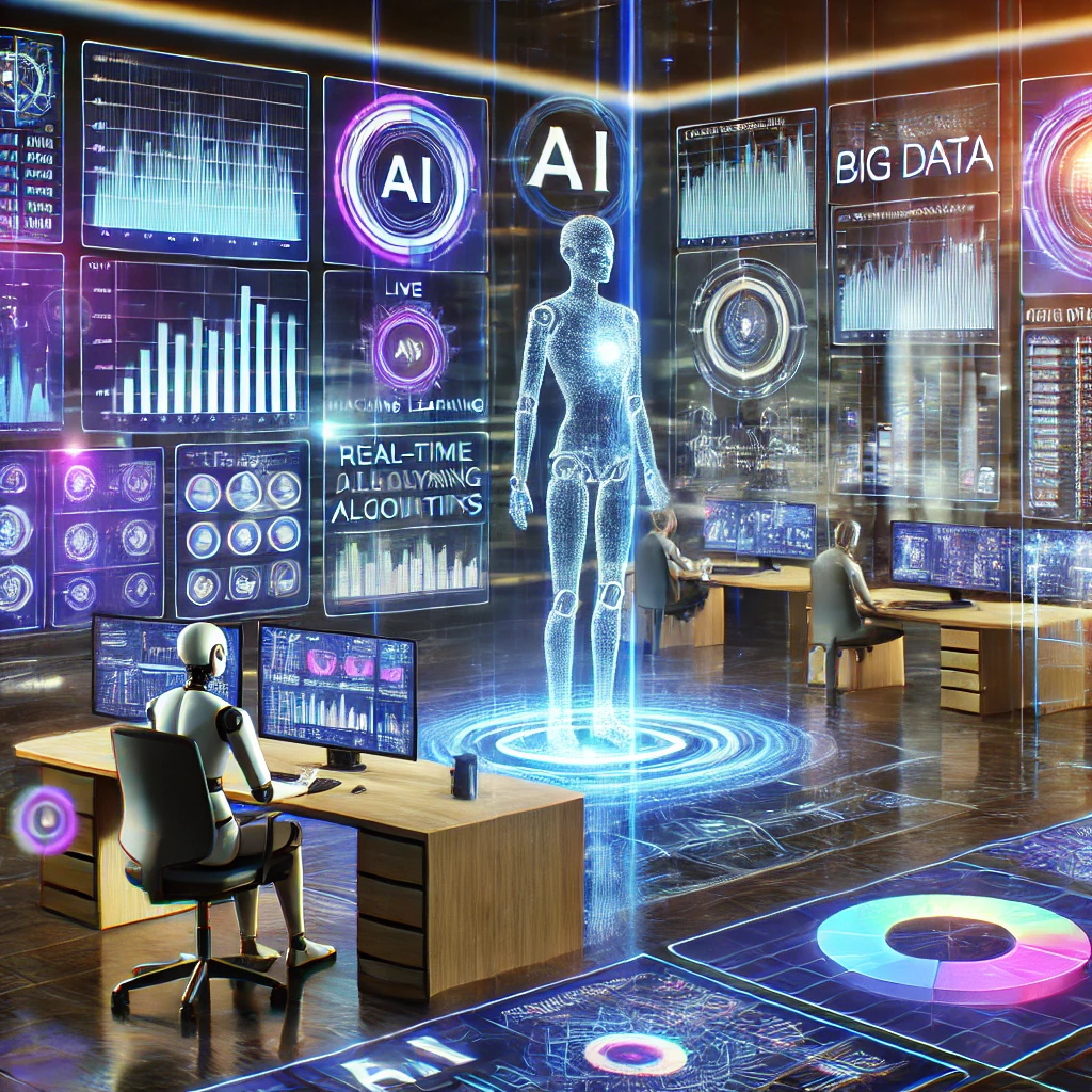 A futuristic AI-powered workspace featuring real-time data analytics. The image showcases a high-tech office with multiple holographic screens display