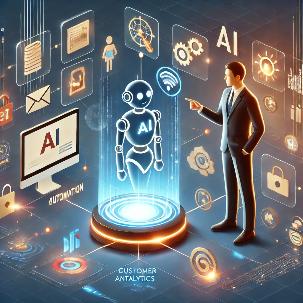 A small business owner interacts with an AI-powered assistant on a holographic screen, surrounded by icons of automation, data analytics, and customer engagement tools.