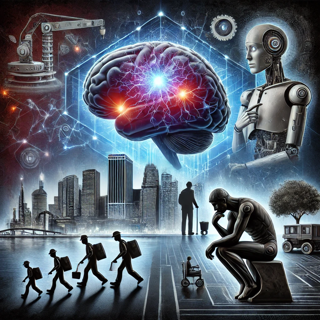 A balanced, futuristic scene showing the dual nature of AI. On one side, depict robots and smart devices