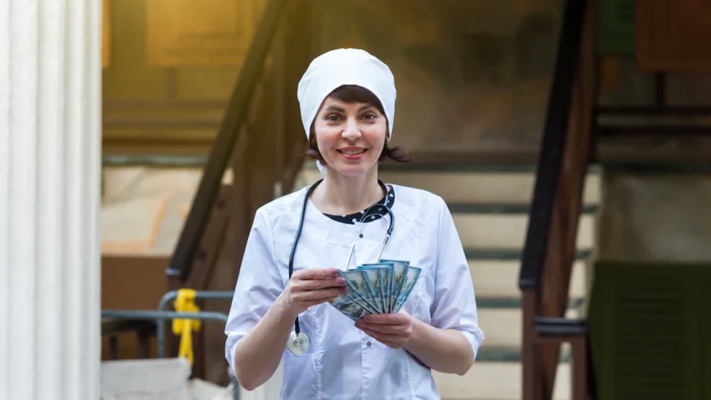 CNA Salary and Job Outlook: Certified nursing assistant holding cash to represent salary and career earnings.
