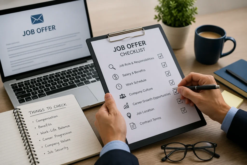 Things to check before accepting a job offer include salary, benefits, and employment terms.