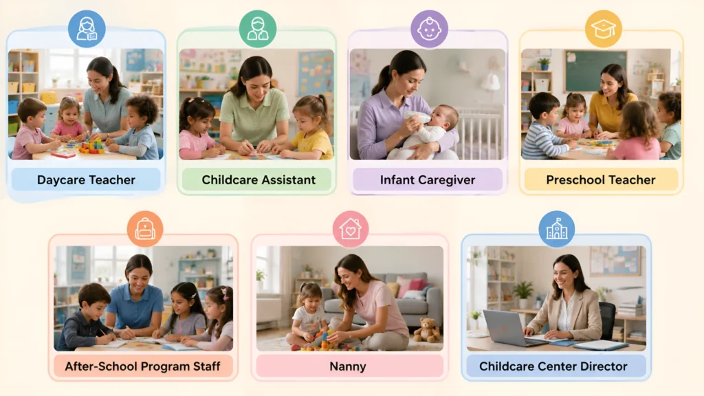 Types of Childcare Jobs Available include roles for different experience levels, skills, and career goals.