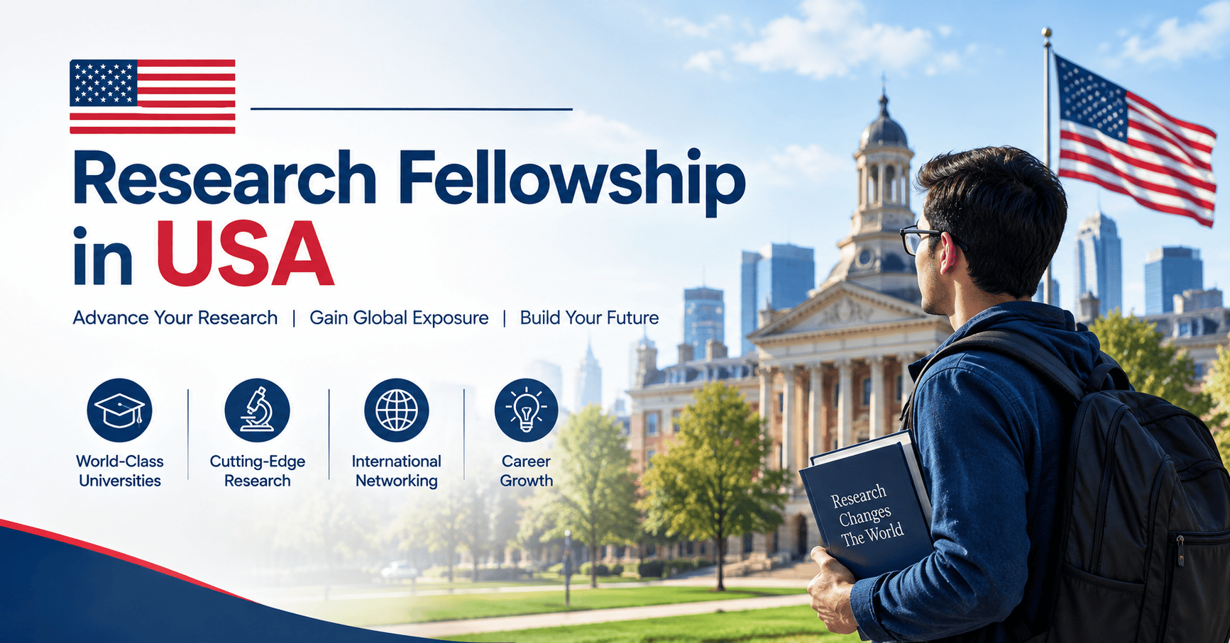 Research Fellowship in USA featuring a university campus, American flag, and student researcher with books and backpack.